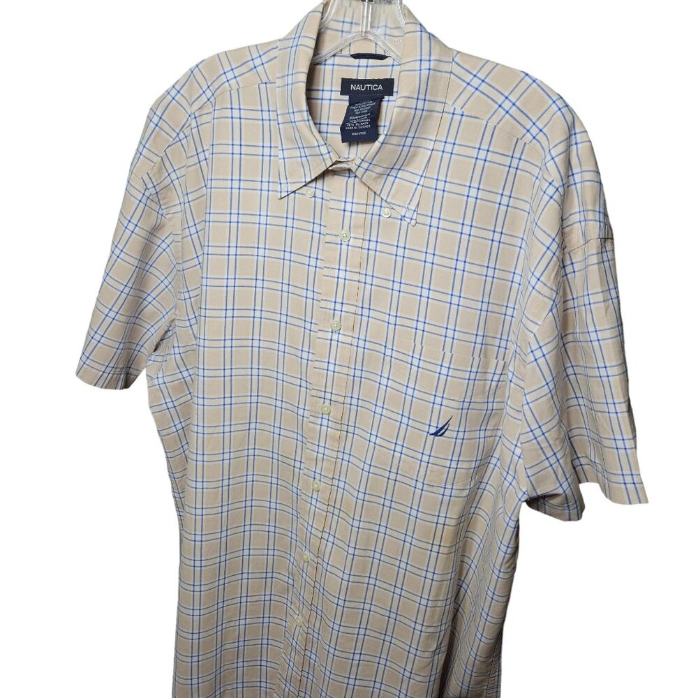 Nautica Mens XL Beige & Blue Checkered Short Sleeve Shirt